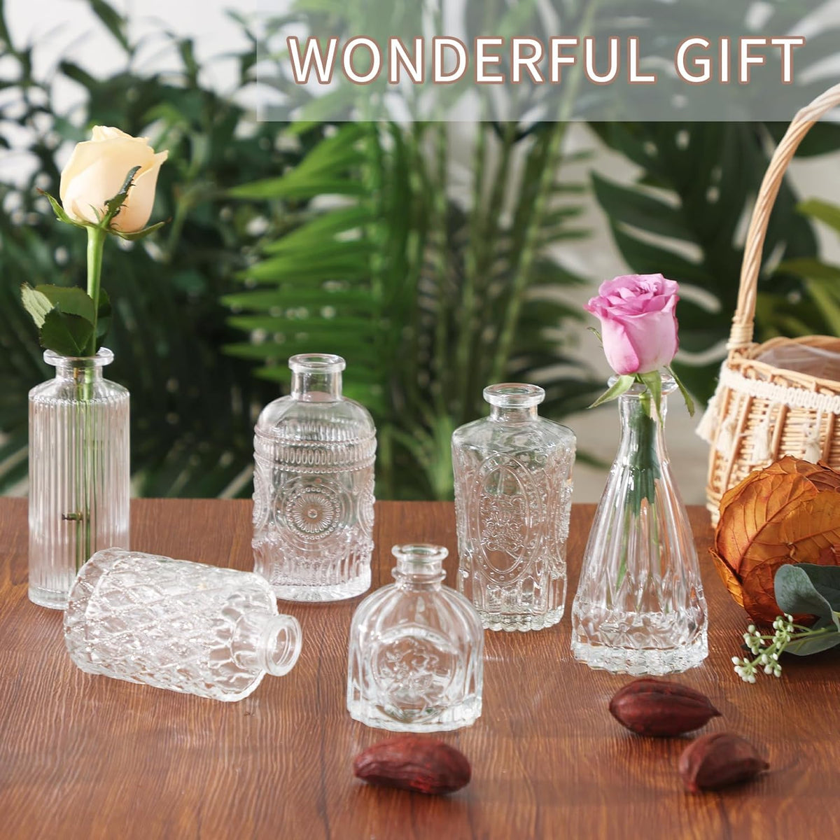 24 Small, Glass Bud Vase Set for Flowers in Bulk for Rustic Wedding Decorations Vintage Look Home Table Decor, Centerpieces, Clear