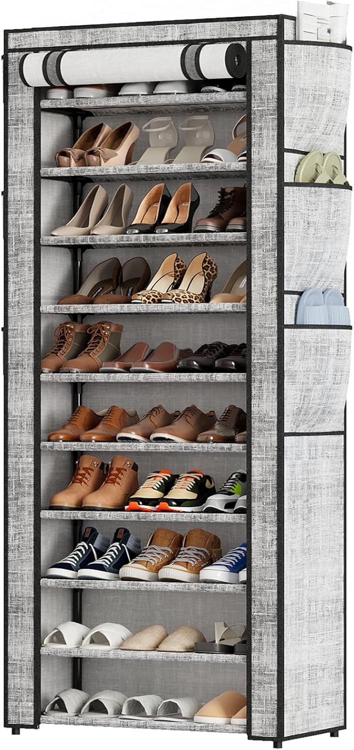 Shoe Rack with Cover, Narrow Shoe Rack with 6 Side Pockets, 10 Tier Tall Shoe Organizer Holds 16-22 Pairs Shoes and Boots, Shoe Storage for Closet, Entryway and Hallway, Gray