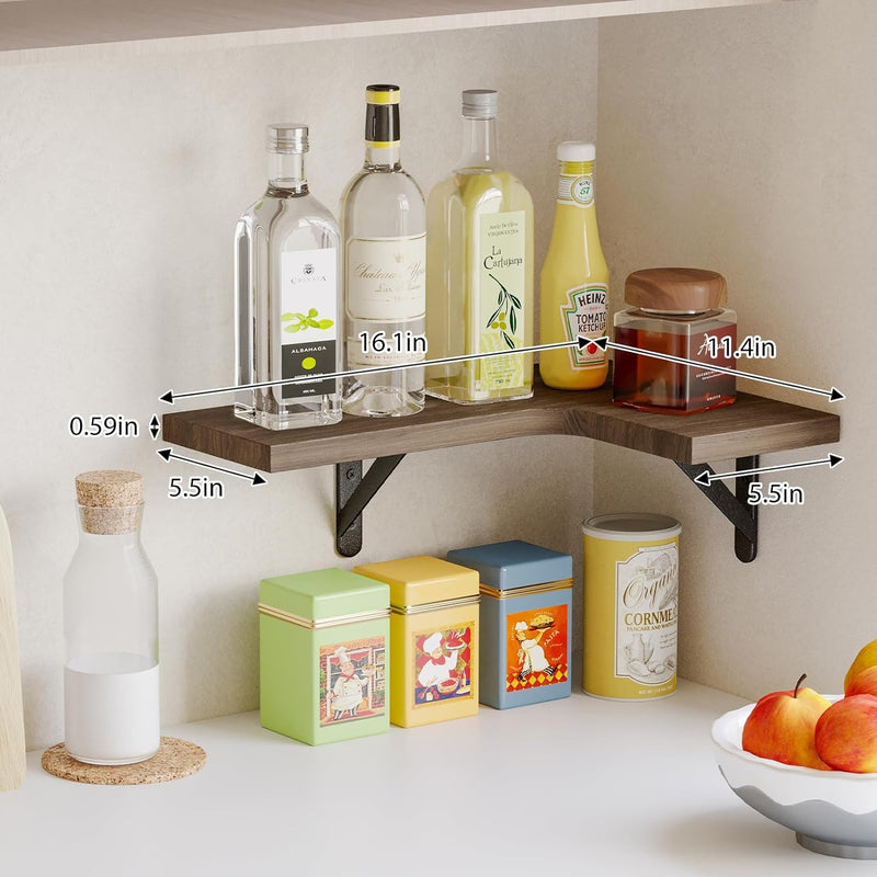 Fixwal Corner Floating Shelves Set of 5, Wall Mounted Corner Shelf, Rustic Wood Wall Shelves for Bathroom, Kitchen, Bedroom, Home Decor, Laundry Room, Living Room (Walnut)