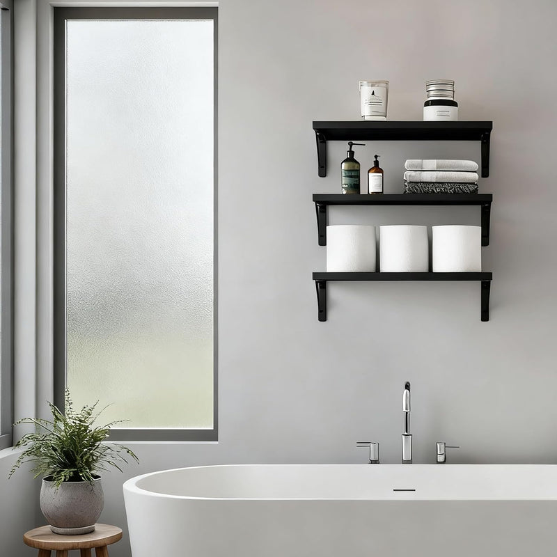 Fixwal Black Shelves for Wall, Wood Wall Mounted Floating Shelves for Bedroom, Bathroom, Living Room, Kitchen Storage and Decor(Black, Set of 3, 16.5 Inch)
