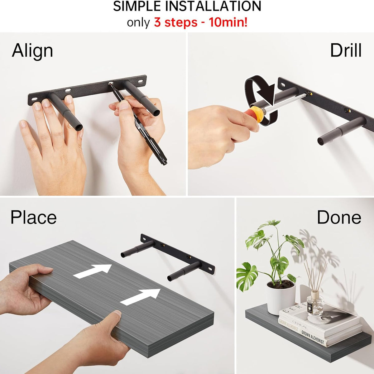 Fixwal 4-Pieces Floating Shelves for Wall, Wall Mounted Rustic Wood Shelves Grey