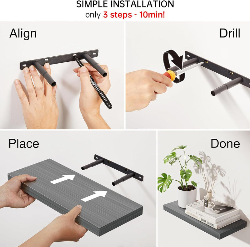 Fixwal 4-Pieces Floating Shelves for Wall, Wall Mounted Rustic Wood Shelves Grey