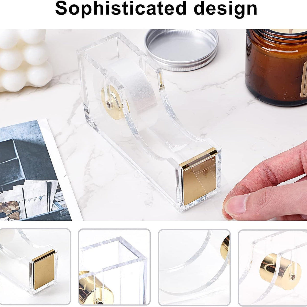 Gold Office Supplies Set Desk Accessories, Acrylic Stapler Set Staple Remover, Phone Holder, Tape Holder, Pen Holder, 2 Ballpoint Pen, Scissor, Binder Clips, Ruler, Transparent Glue and Staples.