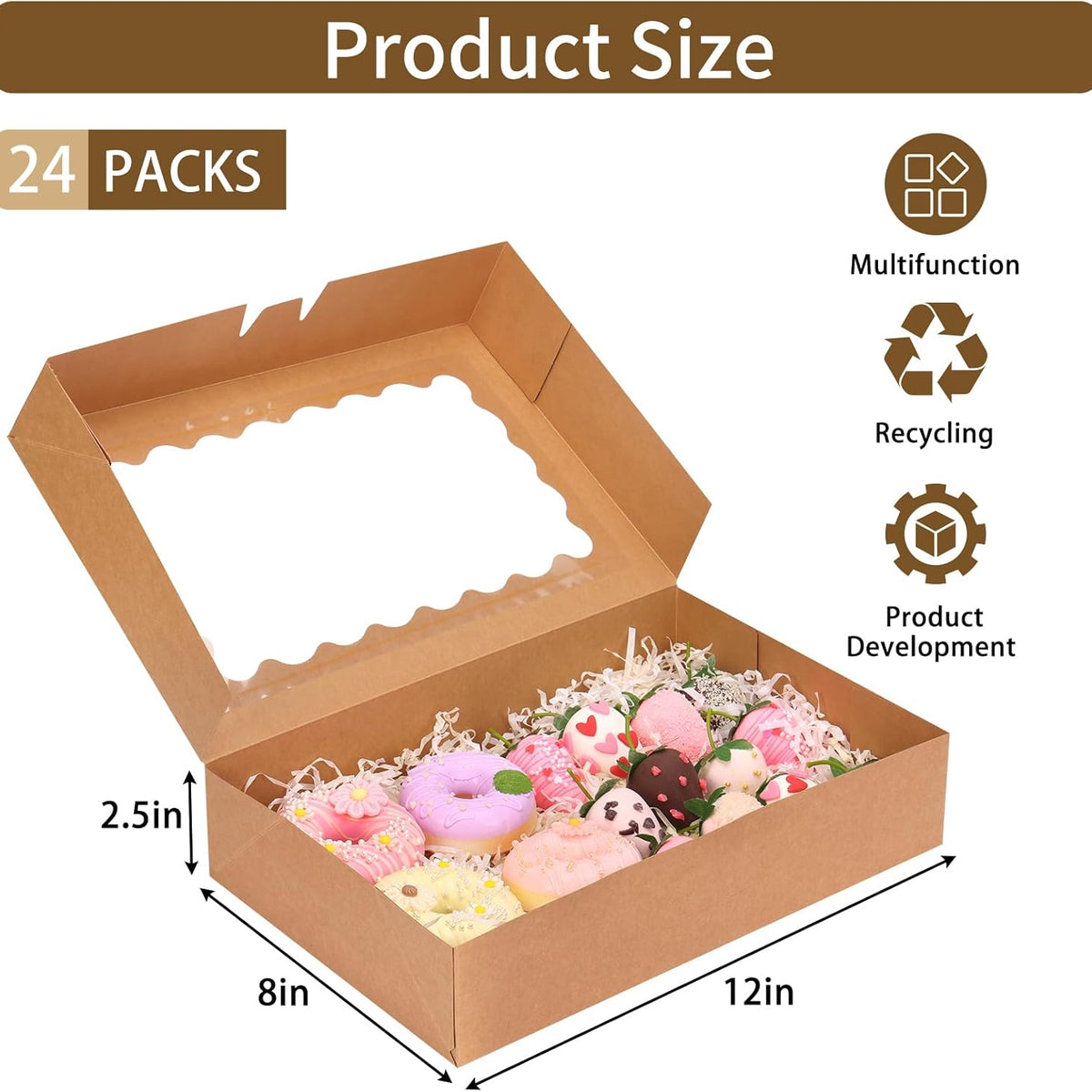 Moretoes 24pcs Bakery Boxes with Window, 12x8x2.5 Inches Auto-Popup Cookie Boxes for Muffins and Pastries (Brown)