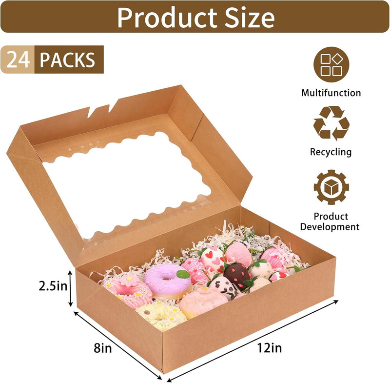 Moretoes 24pcs Bakery Boxes with Window, 12x8x2.5 Inches Auto-Popup Cookie Boxes for Muffins and Pastries (Brown)