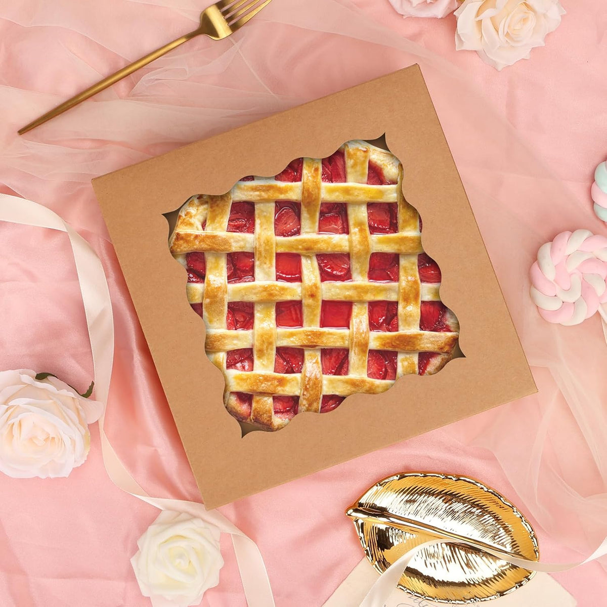 30pcs Pie Boxes, 10x10x2.5 Bakery Boxes with Window, Auto-Popup Brown Bakery Boxes for Pies, Cookie Boxes Treat Boxes for Dessert, Donuts, Muffins
