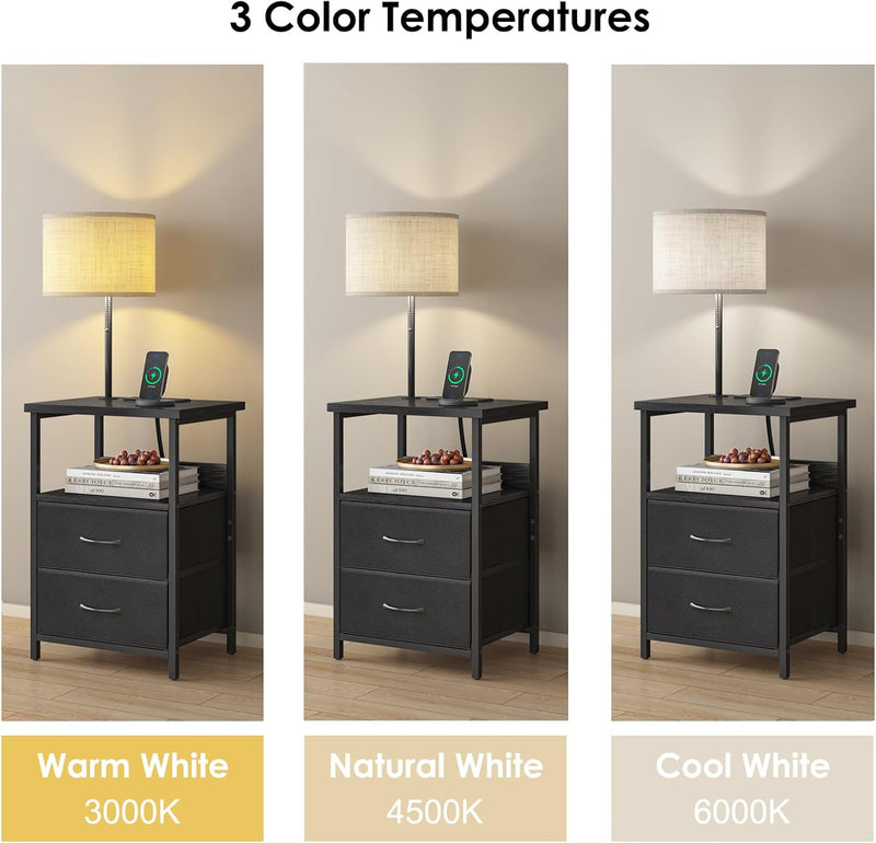 Fixwal Bedside Table with 3 Color Temperature Reading Light, Nightstand with LED Light & Charging Station End Table with Adjustable Fabric Drawer for Bedroom, Dorm, Black