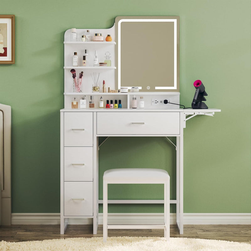 Makeup Vanity Desk with Mirror and Lights, 36.6" Small Makeup Vanity with 4 Fabric Storage Drawer & Chair & Shelves, White Vanity with Fold-up Panel and Power Outlet for Bedroom