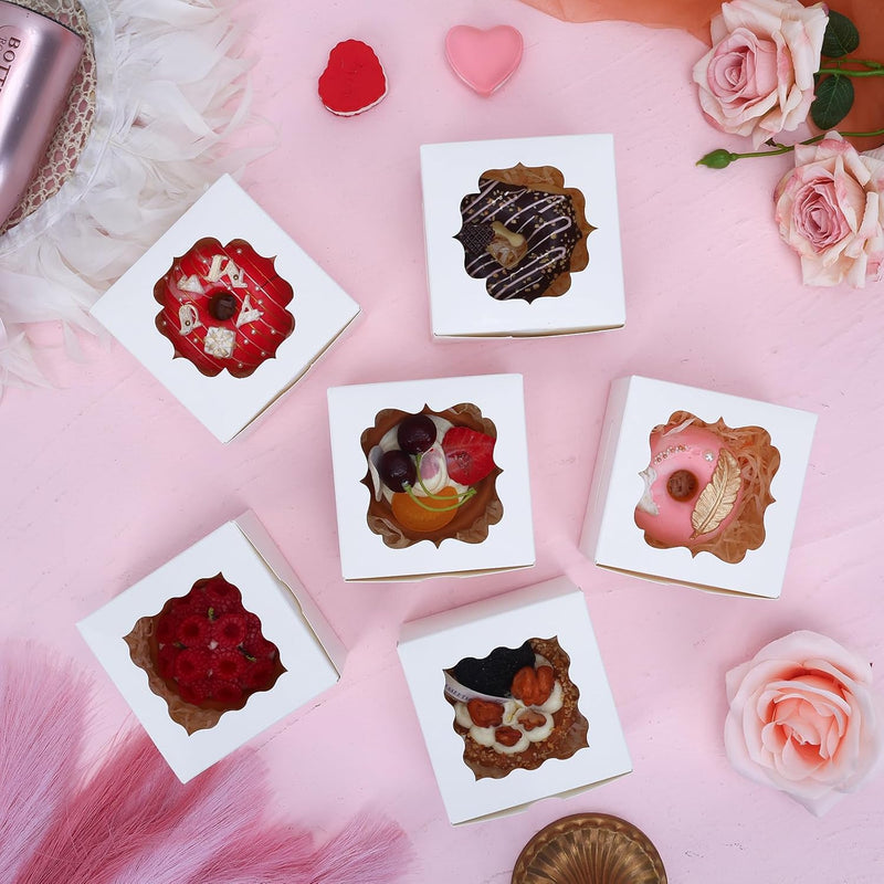 150pcs White Small Cookie Boxes with Window,4x4x2.5 Inch Small Bakery Boxes, 3 Style, Cookie Boxes Bulk for Dessert, Chocolate Strawberries Donuts and Party Favor