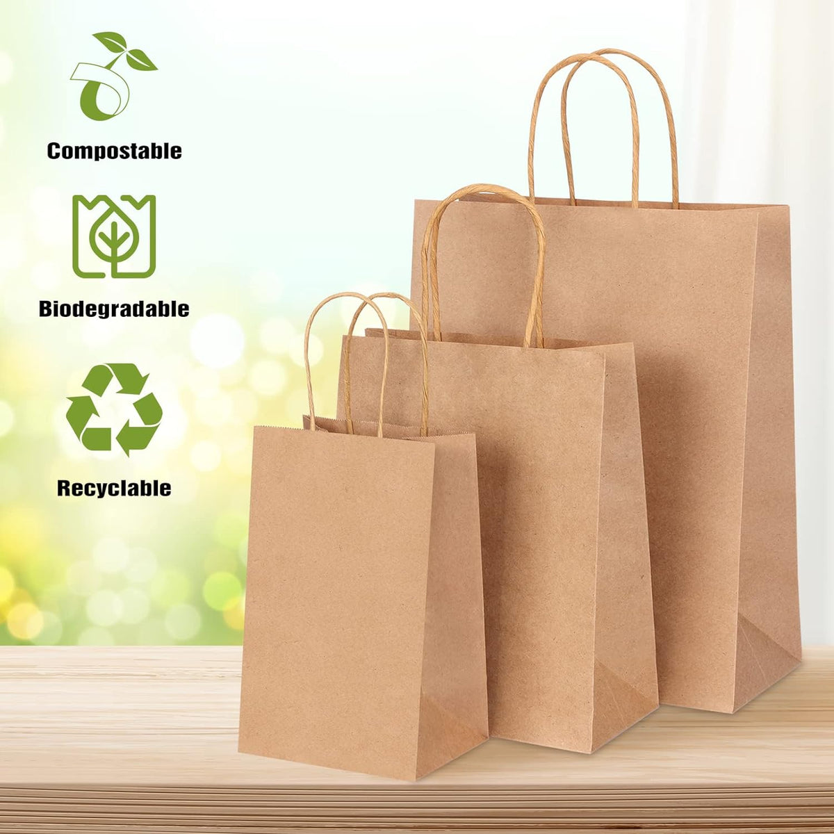 Moretoes 150pcs Brown Paper Bags, (8/10/12.6 Inches) 50 Per Size Kraft Paper Gift Bags with Handles Bulk, Assorted Sizes for Small Business, Shopping, Retail, Gift