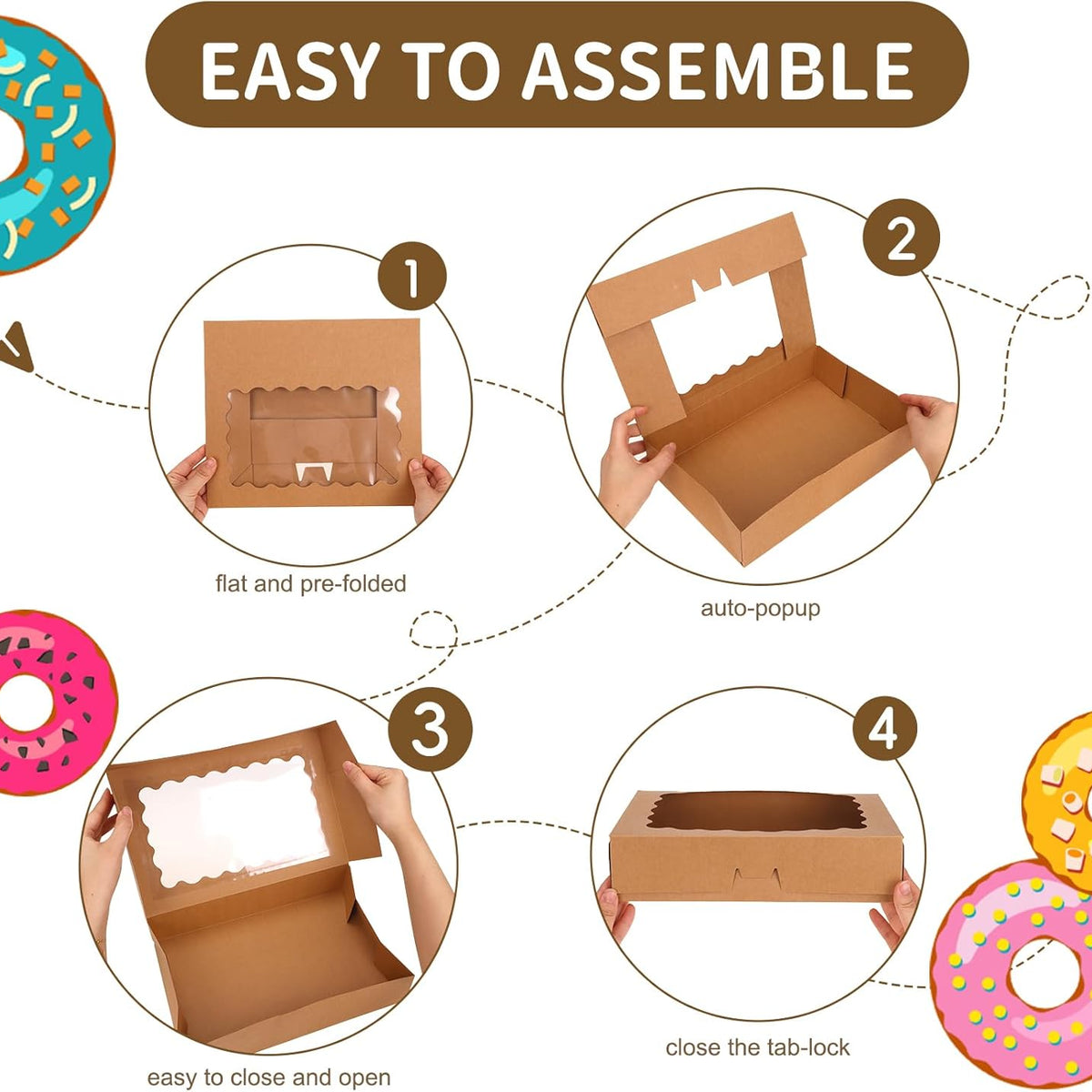 Moretoes 24pcs Bakery Boxes with Window, 12x8x2.5 Inches Auto-Popup Cookie Boxes for Muffins and Pastries (Brown)