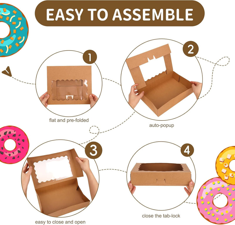 Moretoes 24pcs Bakery Boxes with Window, 12x8x2.5 Inches Auto-Popup Cookie Boxes for Muffins and Pastries (Brown)