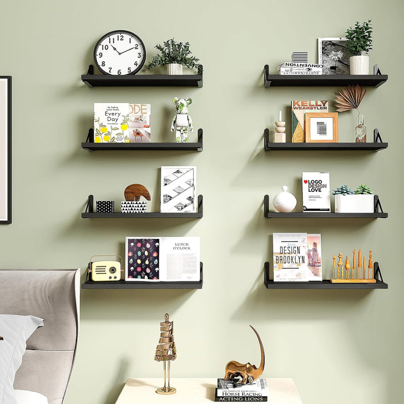 Fixwal Floating Shelves, Width 4.75in Rustic Wood Wall Shelves Set of 8, Wall Storage Shelves for Bedroom, Living Room, Kitchen, Bathroom, Office and Plants (Black)