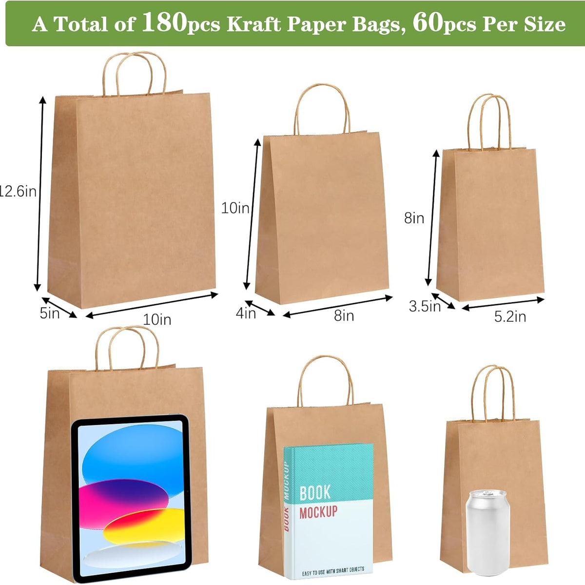 180pcs Paper Bags with Handles Brown Kraft Paper Gift Bags Assorted Sizes (8/10/12.6 Inches) Bulk for Gift, Merchandise, Retail, Shopping, Party Favor