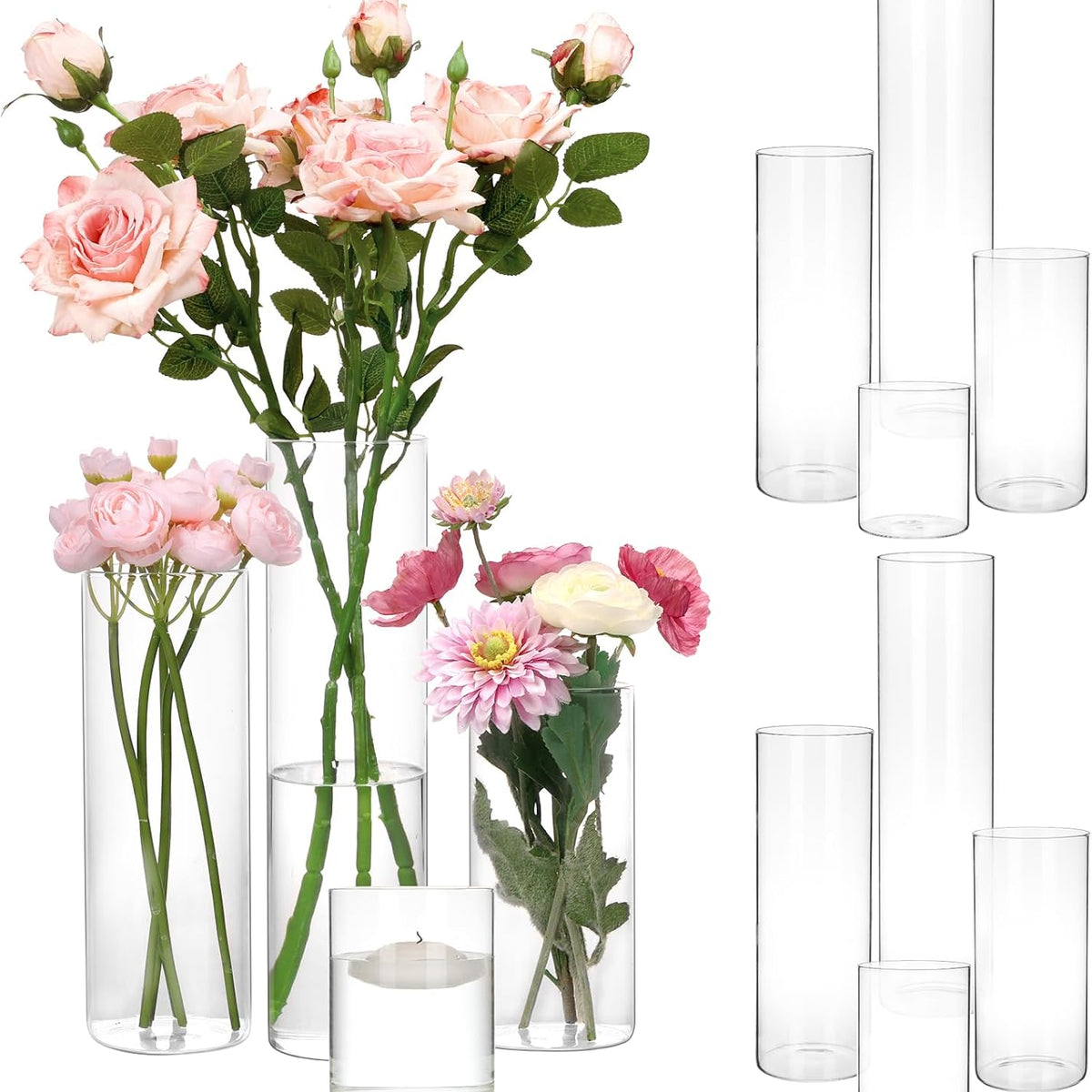 12pcs Glass Cylinder Vase 4, 6.8, 9, 11.8 Inch Glass Candle Holder Clear Vases for Centerpieces Tall Flower Vase for Wedding Home Decor Party 4 Different Sizes