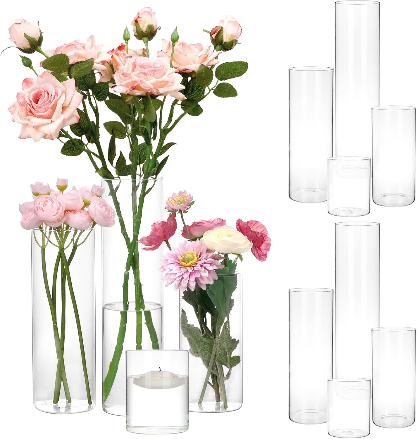 12pcs Glass Cylinder Vase 4, 6.8, 9, 11.8 Inch Glass Candle Holder Clear Vases for Centerpieces Tall Flower Vase for Wedding Home Decor Party 4 Different Sizes
