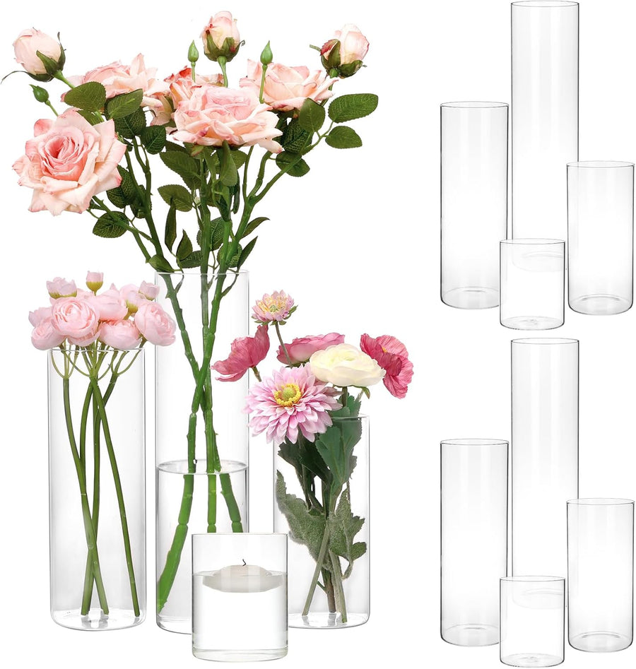 12pcs Glass Cylinder Vase 4, 6.8, 9, 11.8 Inch Glass Candle Holder Clear Vases for Centerpieces Tall Flower Vase for Wedding Home Decor Party 4 Different Sizes