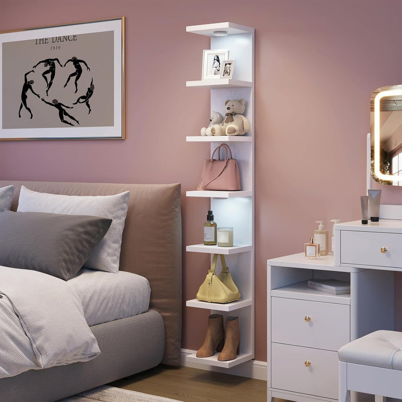 Fixwal Wall Decor 7 Tier Wall Shelf Unit Floating Shelves with LED Lights Lack Shelf for Home Organizer Display White