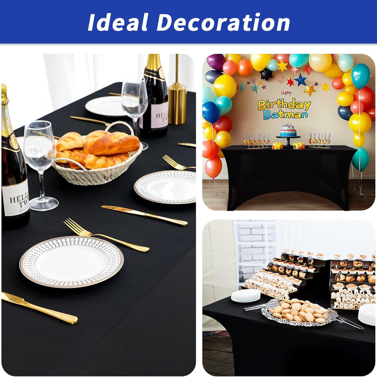 Fixwal 3 Pack Black Table Cloth for 6FT Rectangle Tables, Rectangular Tablecloths Stretch Spandex Fitted Table Covers 6FT for Party, Trade Show, Banquet, Wedding, Buffet, Graduation Decoration