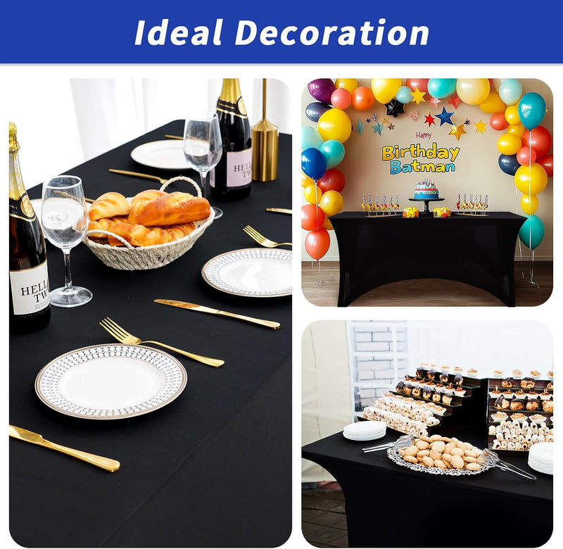 Fixwal 3 Pack Black Table Cloth for 6FT Rectangle Tables, Rectangular Tablecloths Stretch Spandex Fitted Table Covers 6FT for Party, Trade Show, Banquet, Wedding, Buffet, Graduation Decoration