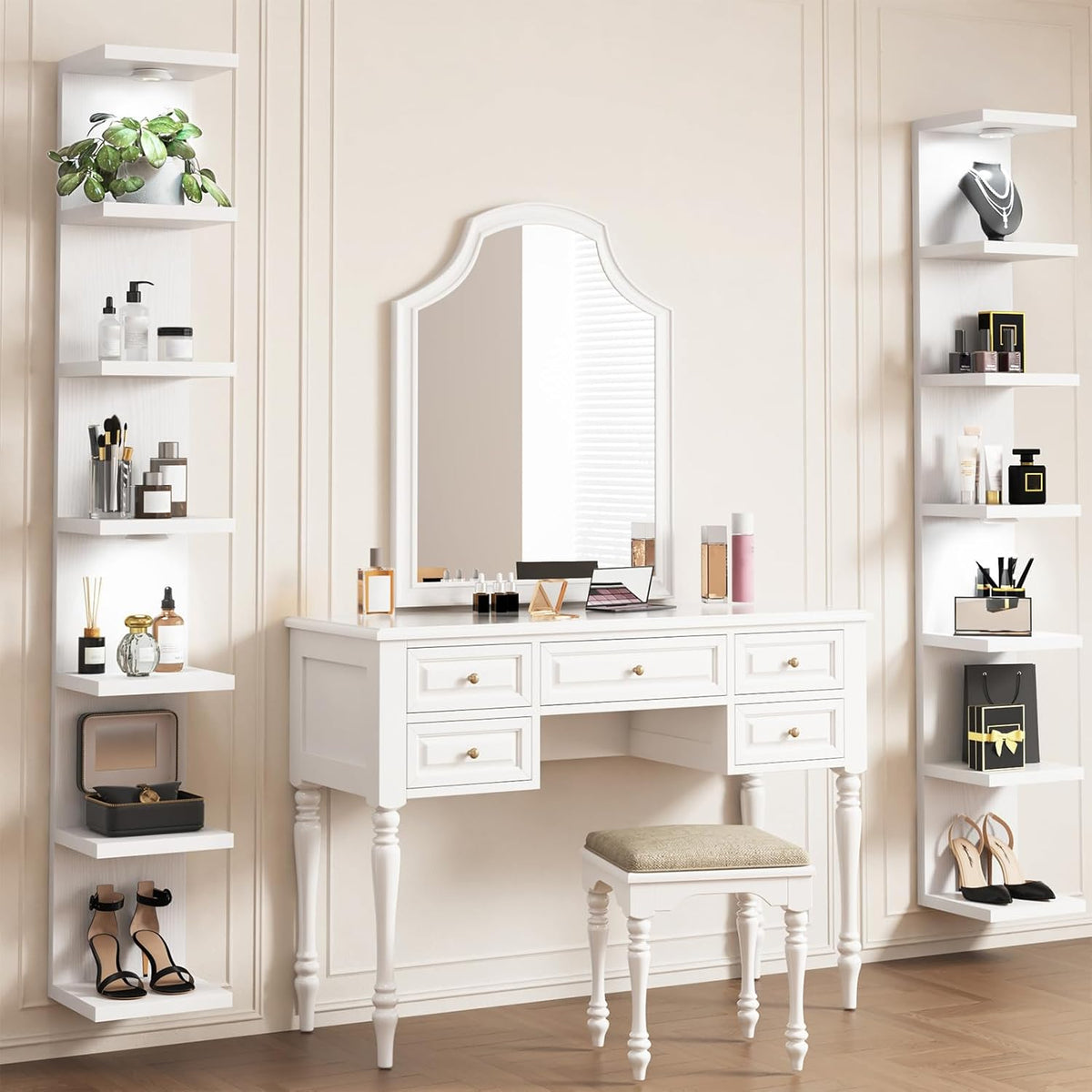 Fixwal Wall Decor 7 Tier Wall Shelf Unit Floating Shelves with LED Lights Lack Shelf for Home Organizer Display White