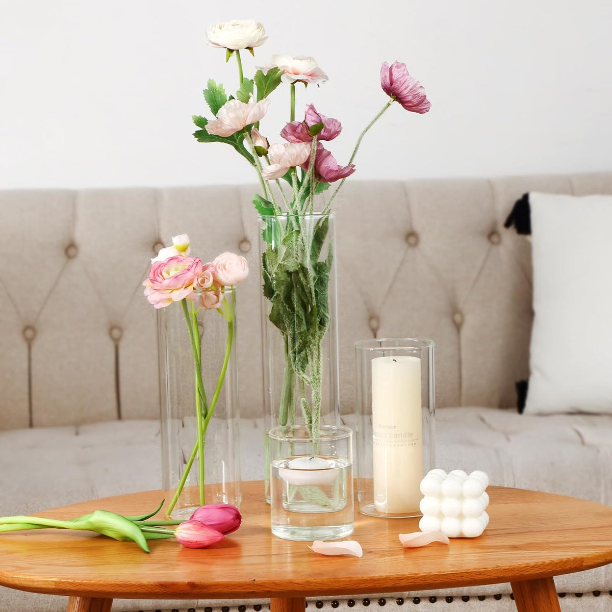 12pcs Glass Cylinder Vase 4, 6.8, 9, 11.8 Inch Glass Candle Holder Clear Vases for Centerpieces Tall Flower Vase for Wedding Home Decor Party 4 Different Sizes