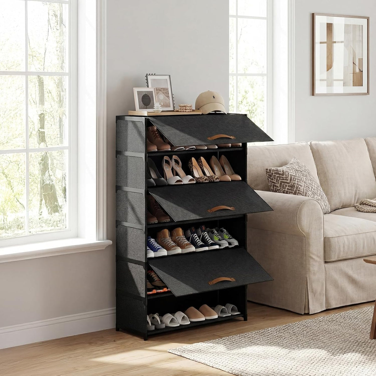 Shoe Storage Cabinet with Door, 7 Tier Shoe Rack, 3-4 Pair Per Tier, Shoe Shelves Organizer for Closet, Entryway, Hallway, Storage Cabinet for Home Decor, Black