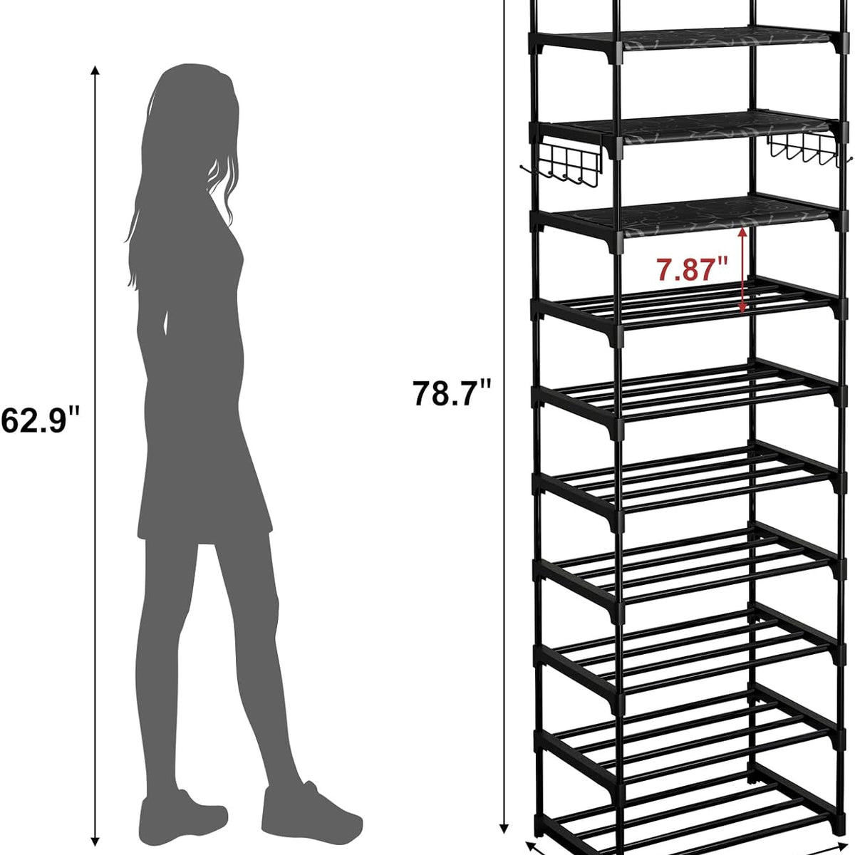 Fixwal 10-Tier Shoe Rack: Tall Narrow Metal Shelf with Hooks - Black, Holds 20-24 Pairs of Shoes and Boots for Closet, Entryway, Bedroom
