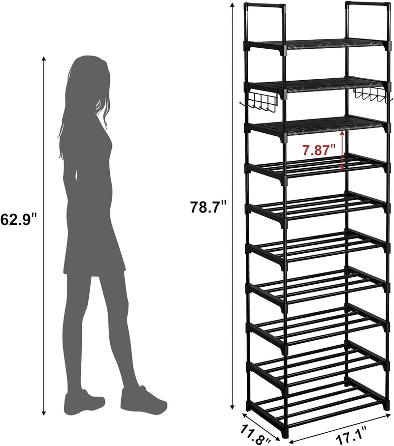 Fixwal 10-Tier Shoe Rack: Tall Narrow Metal Shelf with Hooks - Black, Holds 20-24 Pairs of Shoes and Boots for Closet, Entryway, Bedroom
