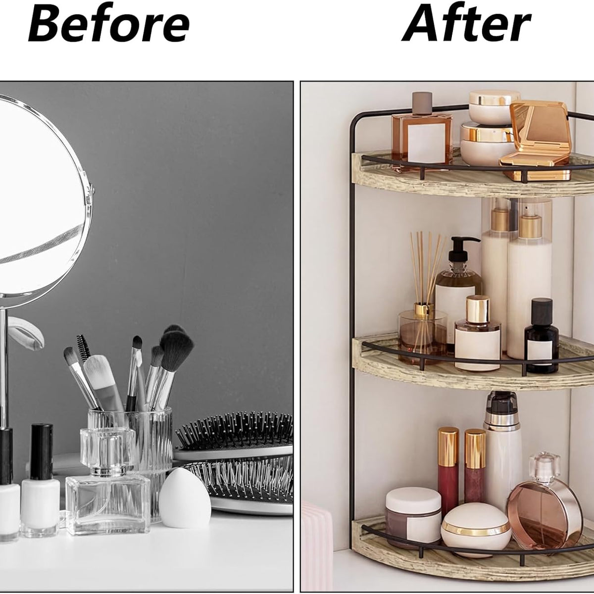 Fixwal Bathroom Counter Organizer, 3 Tier Rustic Bathroom Shelves Corner Organizer, Wood Countertop Storage Tray for Vanity, Kitchen, Bedroom (Light Brown)