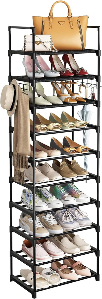 Fixwal 10-Tier Shoe Rack: Tall Narrow Metal Shelf with Hooks - Black, Holds 20-24 Pairs of Shoes and Boots for Closet, Entryway, Bedroom