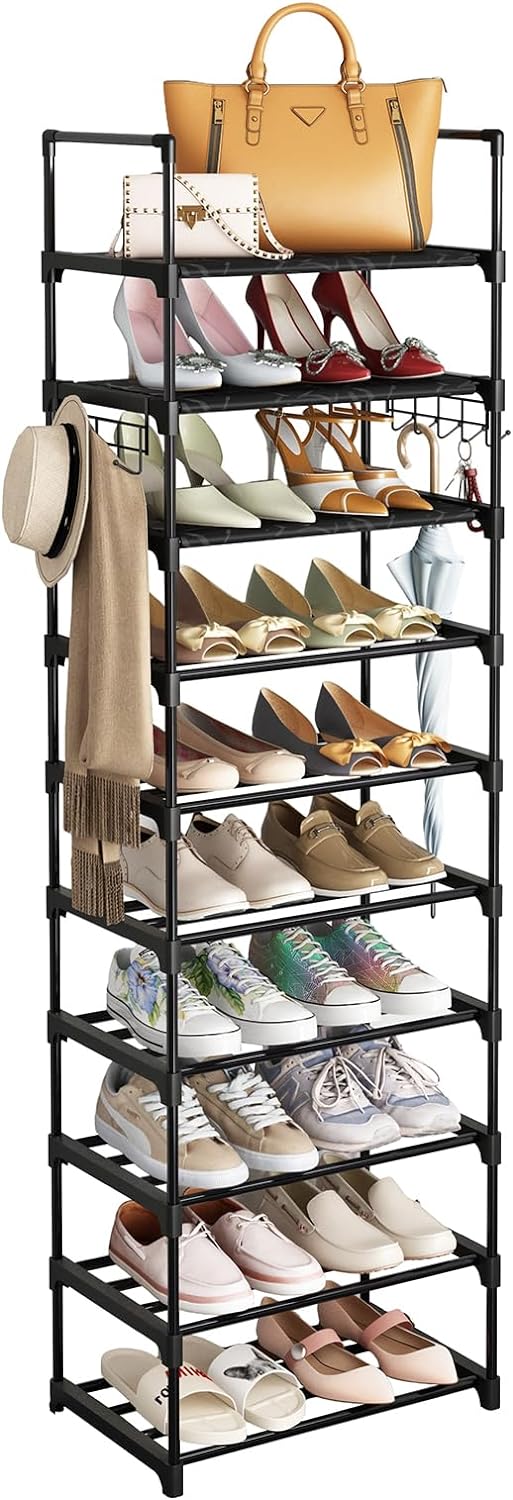10-Tier Shoe Rack: Tall Narrow Metal Shelf with Hooks - Black, Holds 20-24 Pairs of Shoes and Boots for Closet, Entryway, Bedroom