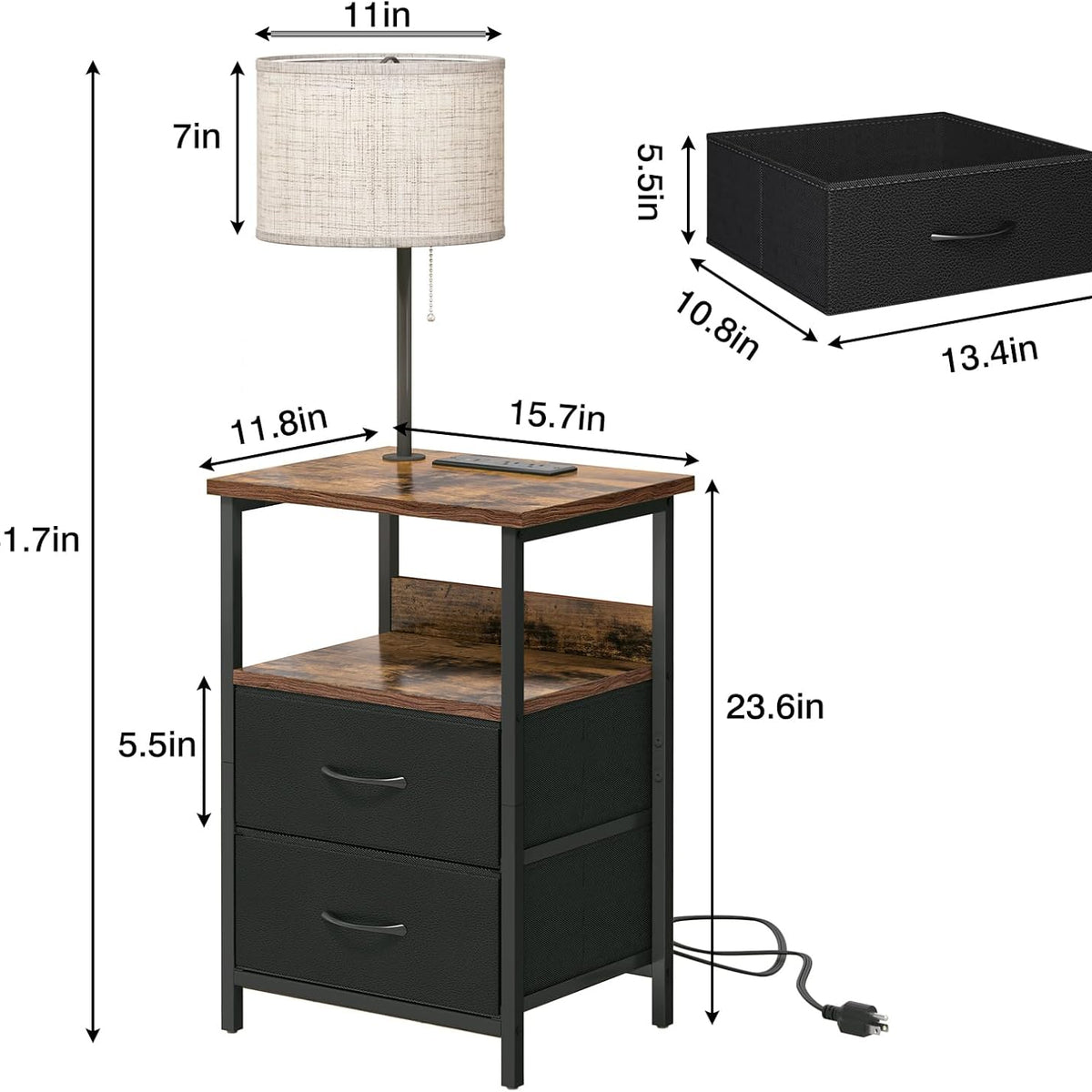 Fixwal Bedside Table with 3 Color Temperature Reading Light, Nightstand with LED Light & Charging Station End Table with Adjustable Fabric Drawer for Bedroom, Dorm, Rustic Brown