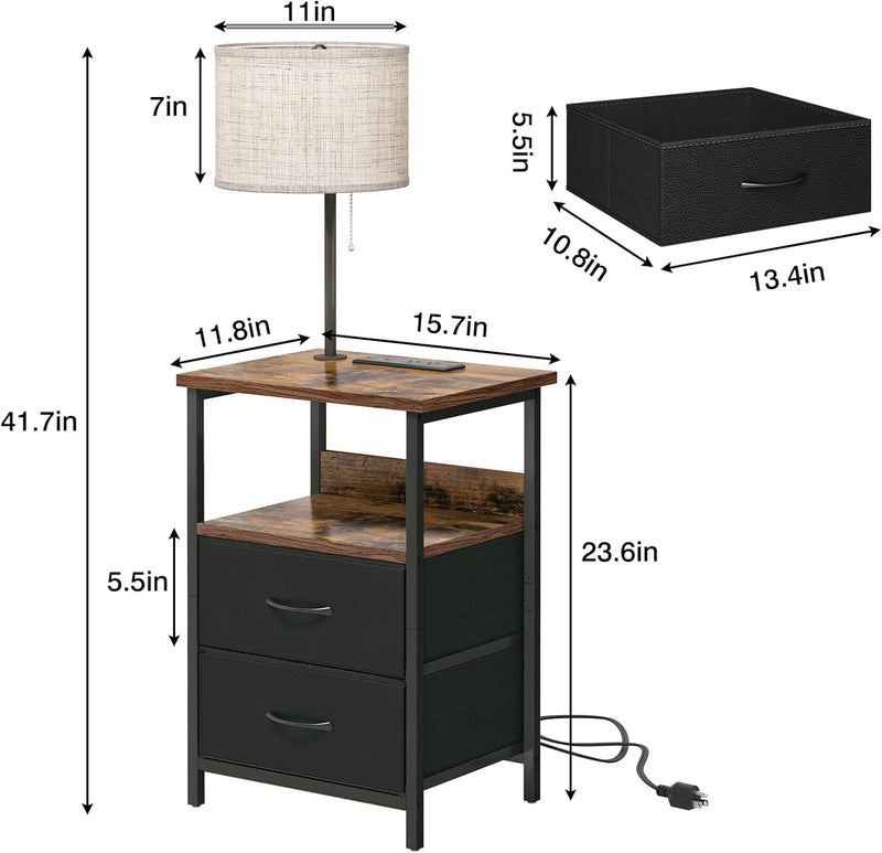 Fixwal Bedside Table with 3 Color Temperature Reading Light, Nightstand with LED Light & Charging Station End Table with Adjustable Fabric Drawer for Bedroom, Dorm, Rustic Brown