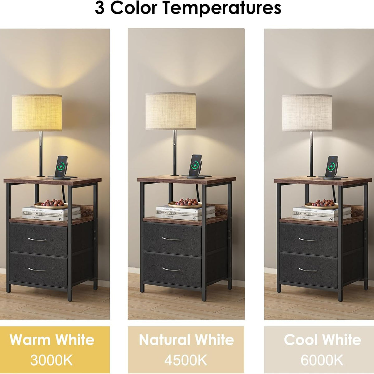 Fixwal Bedside Table with 3 Color Temperature Reading Light, Nightstand with LED Light & Charging Station End Table with Adjustable Fabric Drawer for Bedroom, Dorm, Rustic Brown