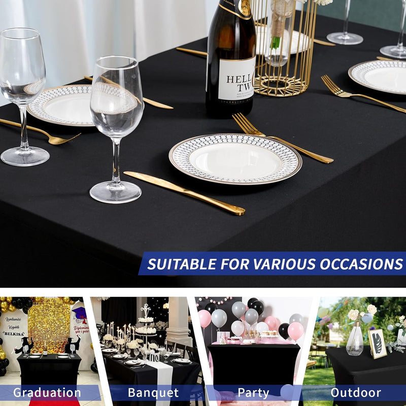Fixwal 3 Pack Black Table Cloths Rectangle 4ft, Stretch Spandex Fitted Table Covers for Parties, Trade Shows, Banquet, Weddings, Buffet, Graduation Decorations