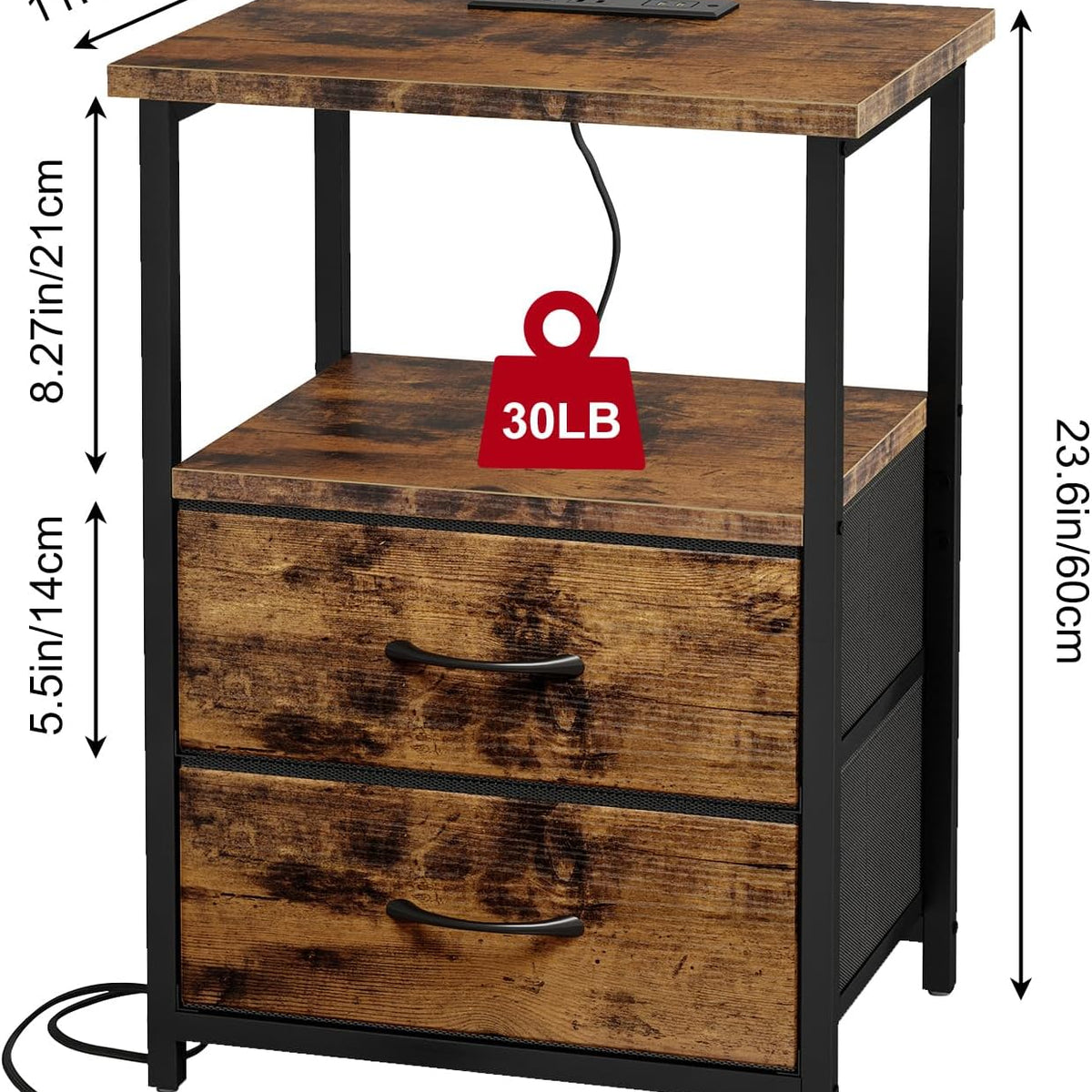 Fixwal Rustic Brown Night Stand with Charger Station, Nightstand with Charging Station & Fabric Drawers