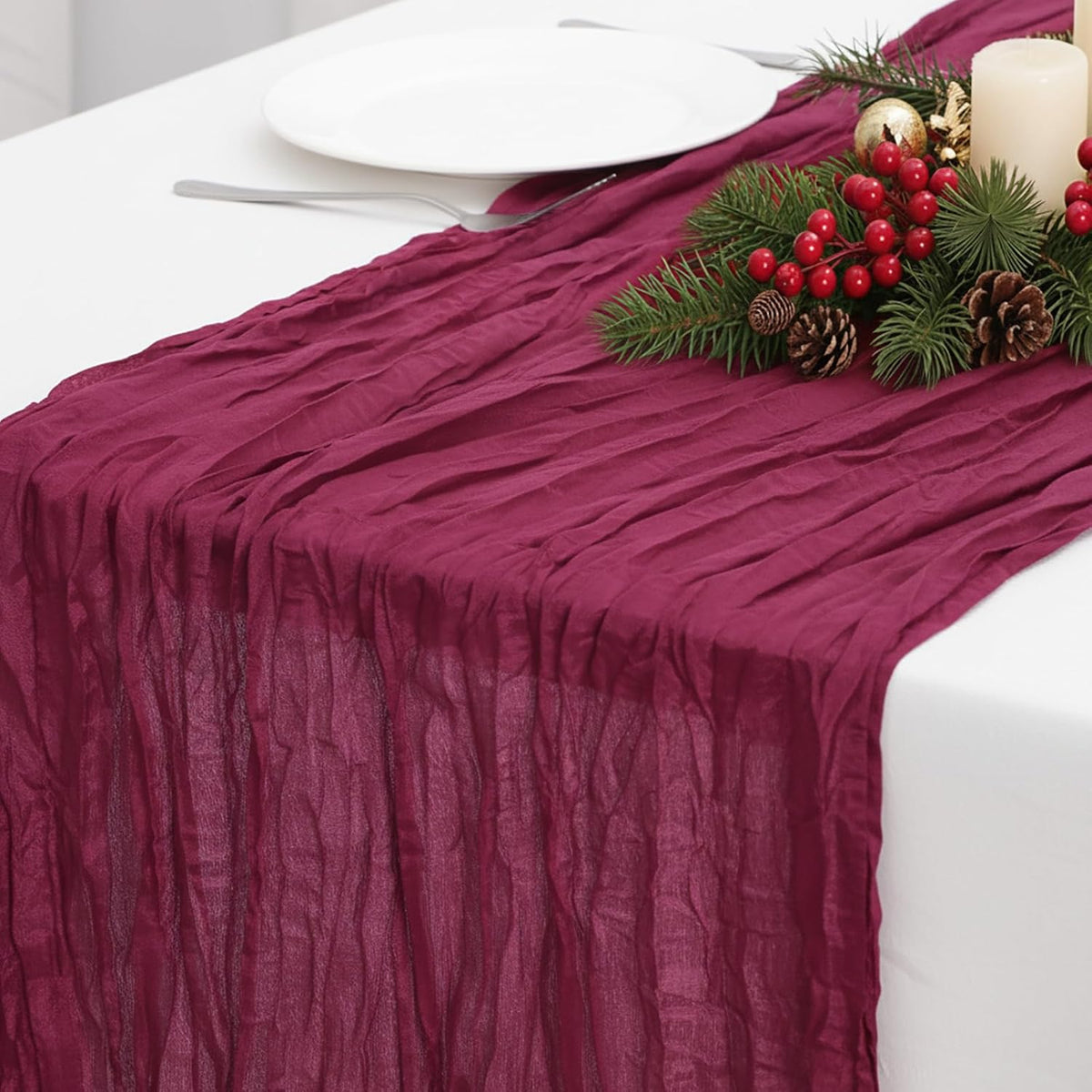 8 Pack Burgundy Red Cheesecloth Table Runner 120 Inch 10FT Gauze Cheese Cloth for Banquet, Valentine's Day, Independence Day, Retro Decoration