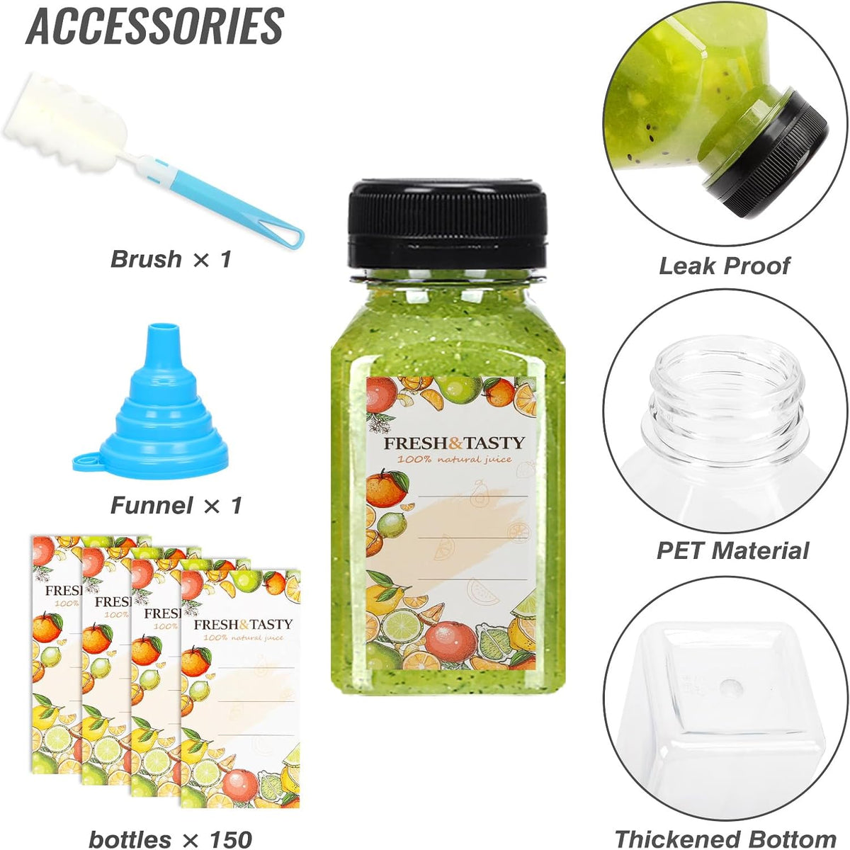 150pcs Juice Bottles with Caps, 4oz Plastic Containers with Lids Empty Reusable Clear Ginger Shots Bottles with Label, Funnel, and Brush Beverage for Juicing, Smoothies, Drinking, Fridge