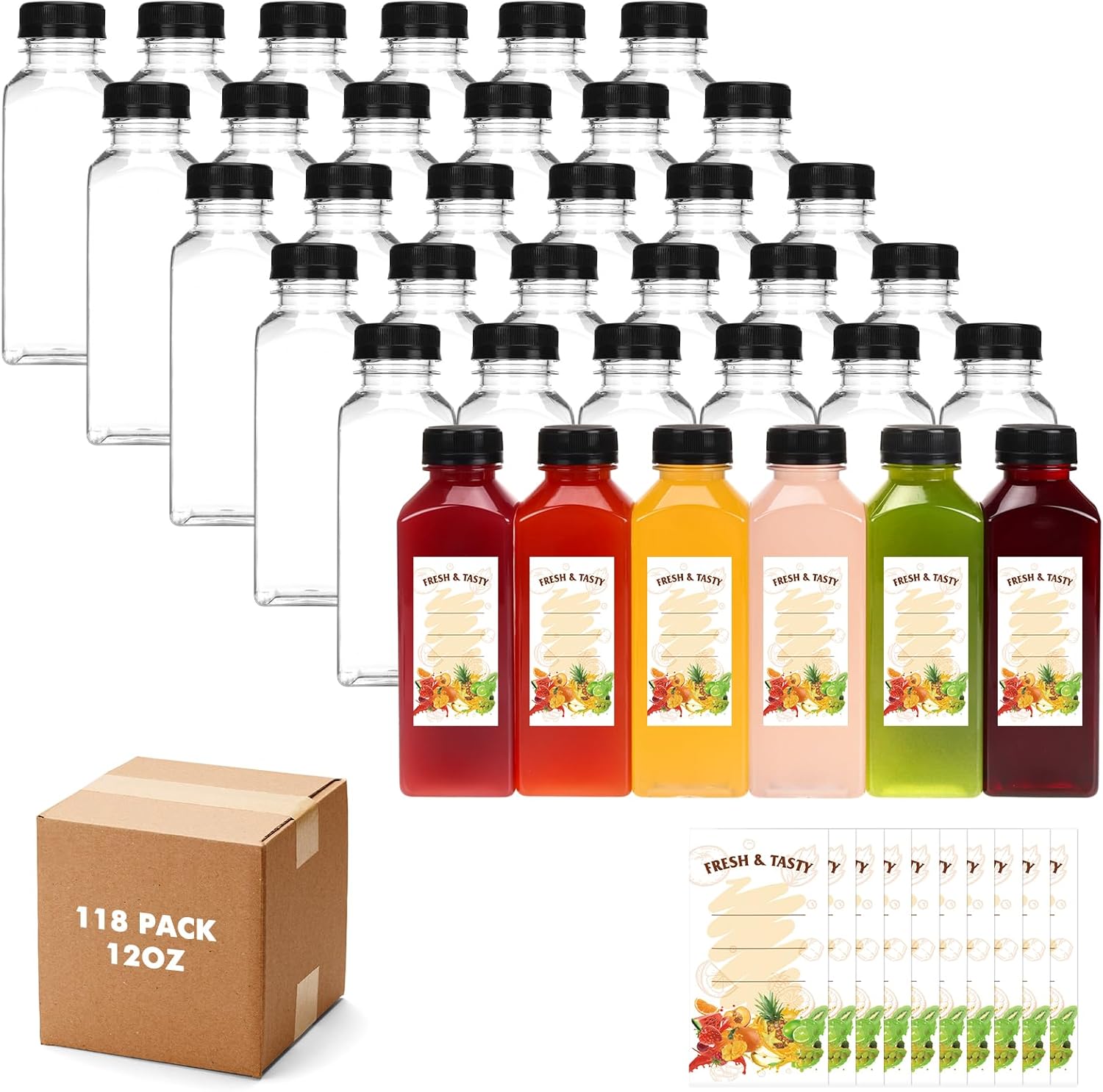 118pcs 12oz Empty Plastic Juice Bottles with Caps, Plastic Containers Bottles with Lids, Reusable Clear Bulk Beverage Containers for Juice, Milk, and Other Beverages