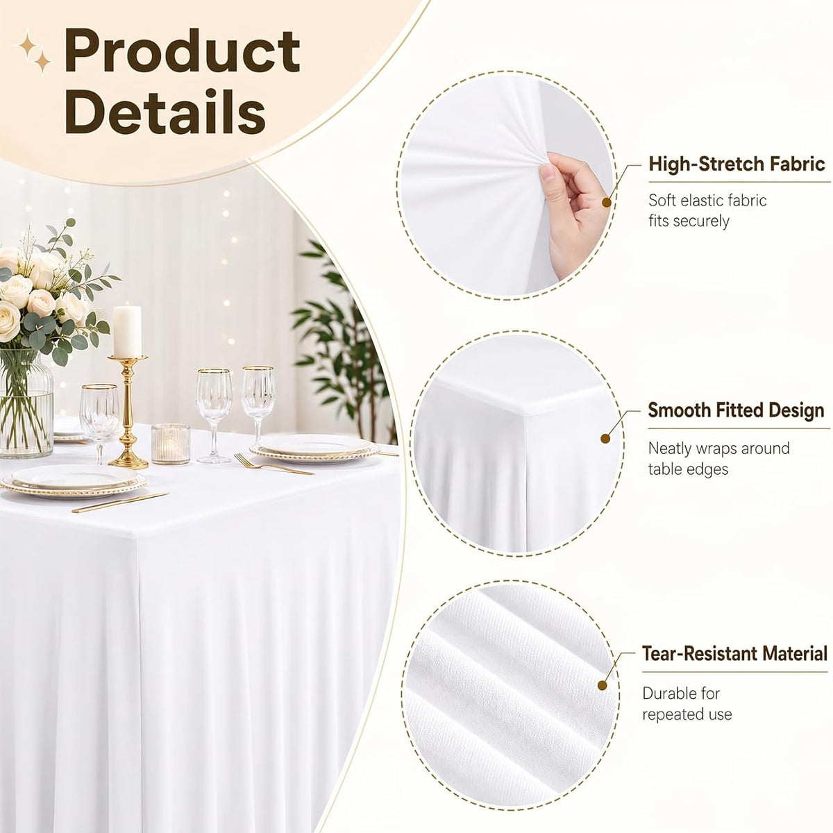 Fixwal White Spandex Tablecloth for Rectangle Table 6ft, Table Skirt for Folding Table, Table Cover for Party, Show, Wedding and Birthday
