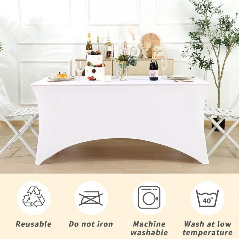 Fixwal 10 Pack 8Ft White Table Cover, Spandex Fitted Tablecloths Rectangle, Wrinkle-Free and Stretch Folding Table Cloth for Banquet, Wedding, Party, Trade Show