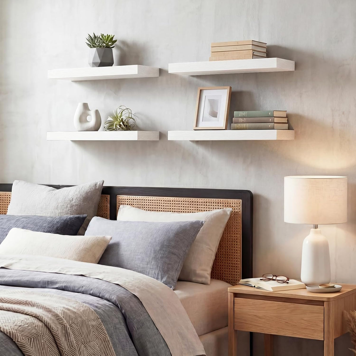 Fixwal White Shelves for Wall, 15.7in Rustic Wood Finish Floating Wall Shelves Set of 4, Shelves for Wall Decor, with Invisible Brackets for Bathroom, Living Room,Bedroom and Kitchen