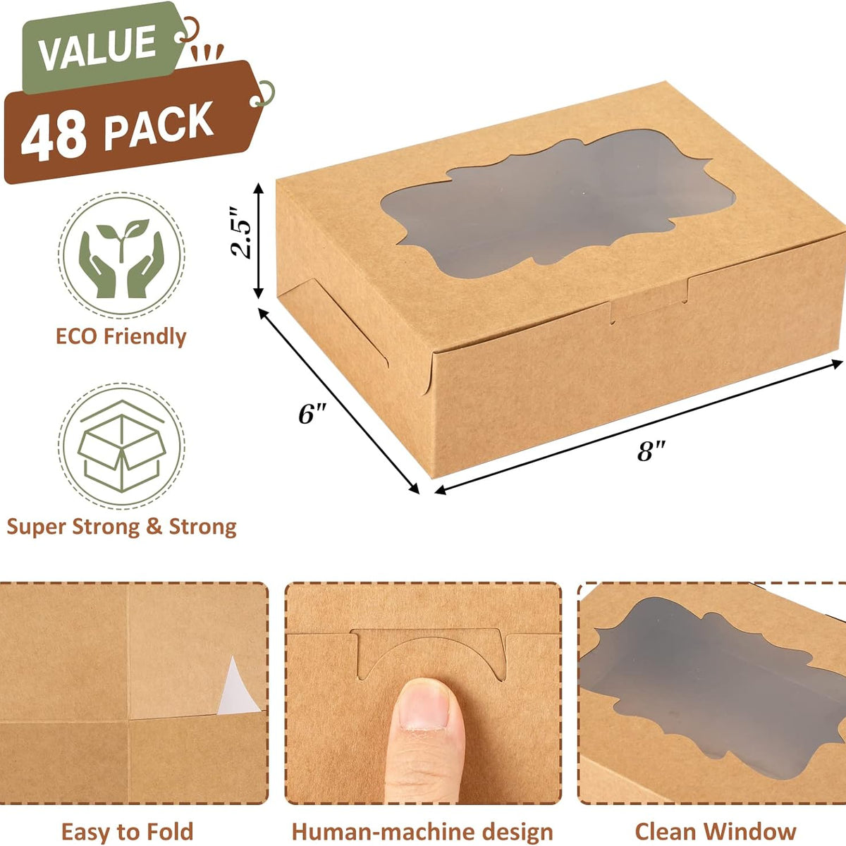 48pcs 8x6x2.5 Inches Cookie Boxes, Treat Boxes with 3 Style Window, for Chocolate Strawberries Muffins Donuts and Party Favor