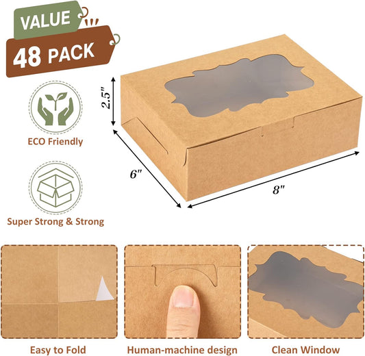 48pcs 8x6x2.5 Inches Cookie Boxes, Treat Boxes with 3 Style Window, for Chocolate Strawberries Muffins Donuts and Party Favor