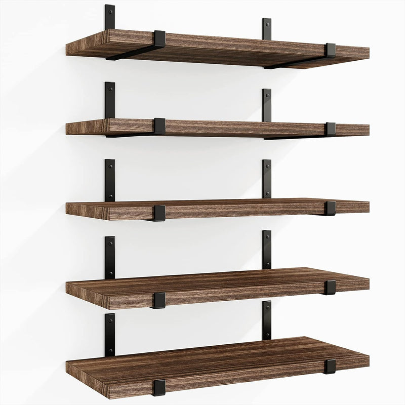 Fixwal Floating Shelves Set of 5, Width 4.7 Inches Wall Shelves, Rustic Wood Wall Storage Shelves for Bedroom, Living Room, Kitchen, Bathroom, Home Decor, Office and Plants (Dark Carbonized Black)