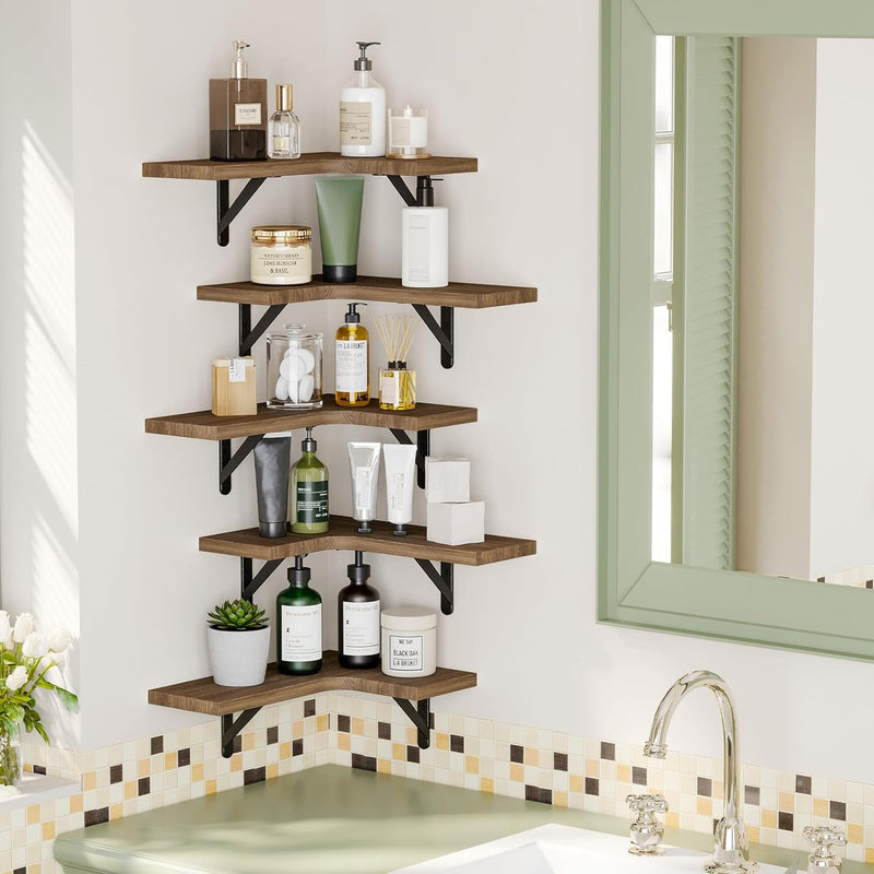 Fixwal Corner Floating Shelves Set of 5, Wall Mounted Corner Shelf, Rustic Wood Wall Shelves for Bathroom, Kitchen, Bedroom, Home Decor, Laundry Room, Living Room (Walnut)