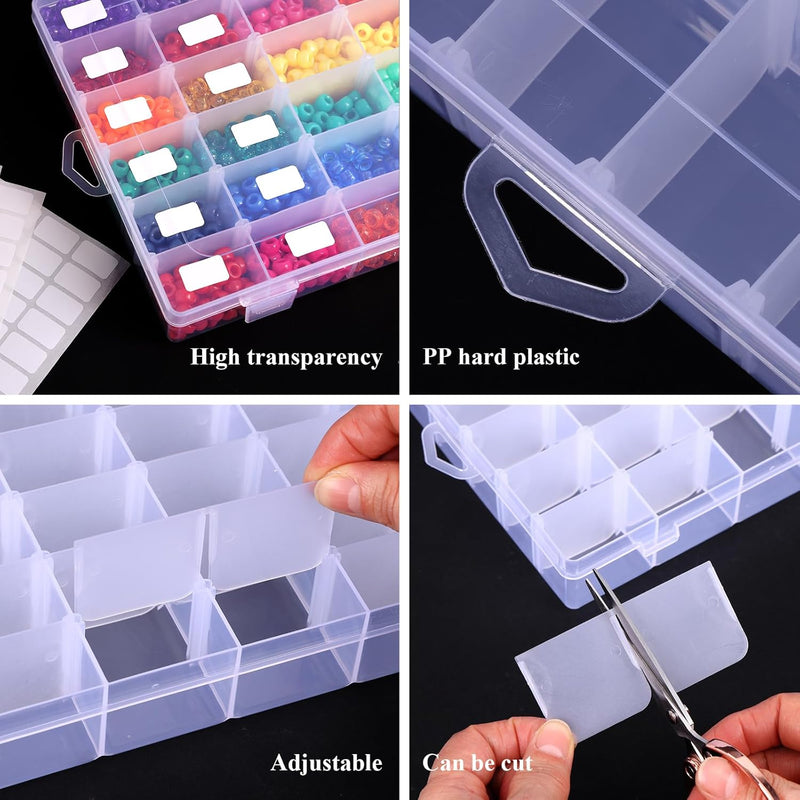 8 Pack 36 Grids Clear Plastic Storage Boxes with Adjustable Dividers, Beads Storage Containers, Jewelry and DIY Crafts Organization, Screw & Hardware Sorting with 10 Label Stickers