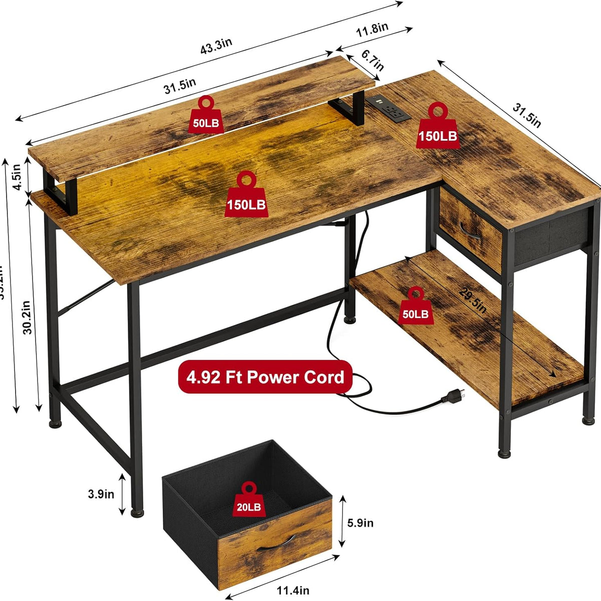 Fixwal Gaming Desk for Bedroom L Shaped Small Corner Computer Desk with Power Outlets and LED Lights, PC Desk, Home Office Desks with Drawer, Writing Desk Study Desk, Rustic Brown