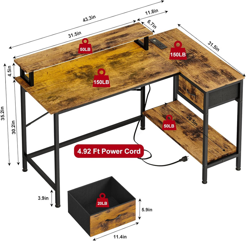 Fixwal Gaming Desk for Bedroom L Shaped Small Corner Computer Desk with Power Outlets and LED Lights, PC Desk, Home Office Desks with Drawer, Writing Desk Study Desk, Rustic Brown
